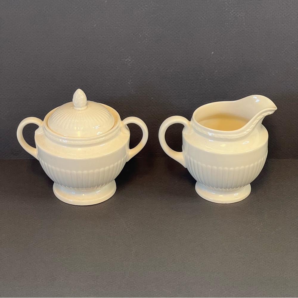 Wedgewood Edme Cream White Porcelain Cream Pitcher & Sugar Bowl & Lid